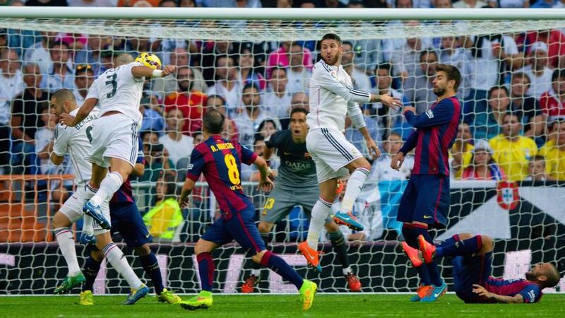 Real Madrid’s Pepe heads in their second goal during their defeat of Barcelona in Saturday’s El Clásico at the Santiago Bernabéu Stadium in Madrid. Photograph: Getty Images