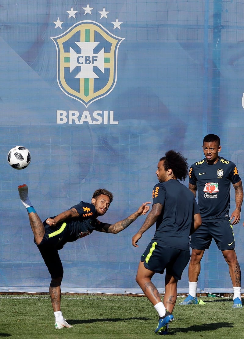 Brazil’s Neymar, left, Marcelo, centre, and Gabriel Jesus, practise during a training session in Sochi. Photograph: Andre Penner/AP