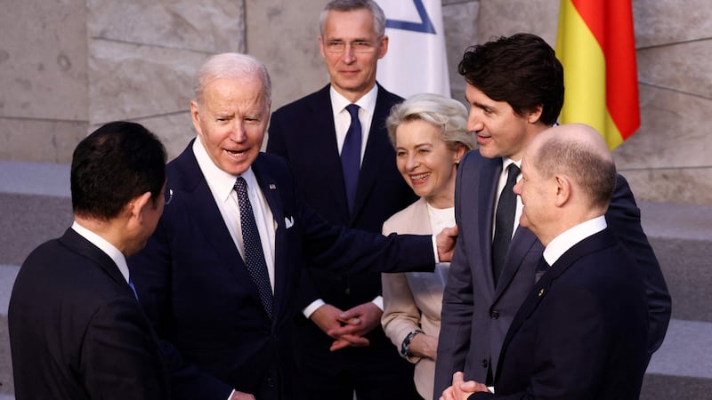 Japan’s prime minister Fumio Kishida (from left), US president Joe Biden, Nato secretary general Jens Stoltenberg, European Commission president Ursula von der Leyen, Canada’s prime minister Justin Trudeau and Germany’s Chancellor Olaf Scholz during a Nato summit in Brussels. Photograph: Henry Nicholls/Pool/AFP via Getty