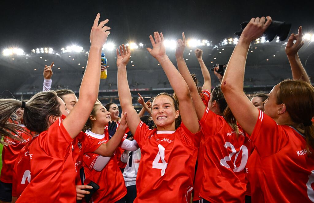 Niamh Divilly celebrates Kilkerrin-Clonberne's fourth consecutive AIB LGFA All-Ireland Senior Club Championship final title after the win over Kilmacud Crokes on Saturday. Photograph: Piaras Ó Mídheach/Sportsfile