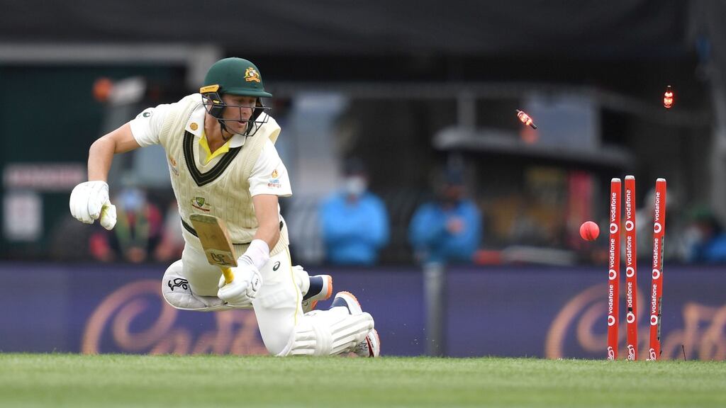 Australia’s Marnus Labuschagne is bowled by England’s Stuart Broad. Photograph: Darren England/PA