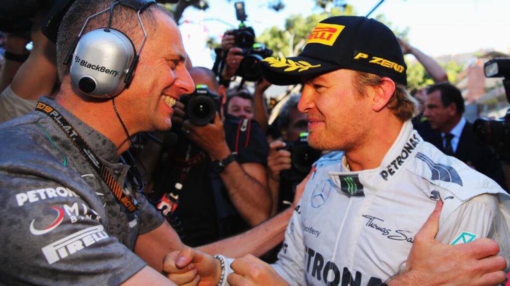 Nico Rosberg of Germany and Mercedes GP is surrounded by photographers as he celebrates winning the Monaco Formula One Grand Prix in Monte-Carlo. Photograph: Bryn Lennon/Getty Images
