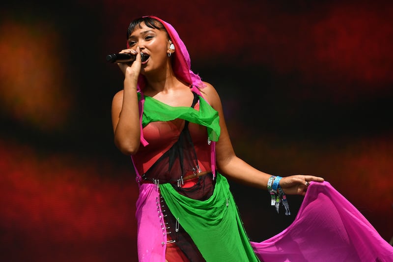 Glastonbury 2025: Joy Crookes in the dress designed by Jawara Alleyne. Photograph: Jim Dyson/Redferns