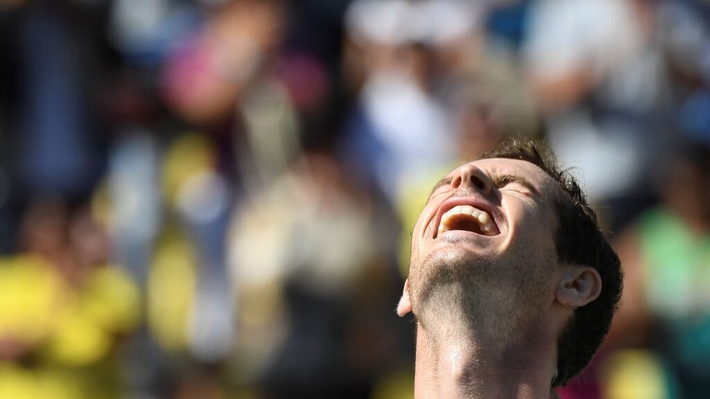 Britain’s Andy Murray celebrates after beating Japan’s Kei Nishikori during their men’s singles semi-final tennis match at the Olympic Tennis Centre in Rio. Photograph: Martin Bernetti/AFP/Getty Images