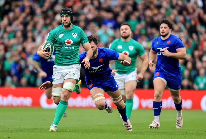 Ireland’s Caelan Doris and Charles Ollivon of France. Photograph: Dan Sheridan/Inpho