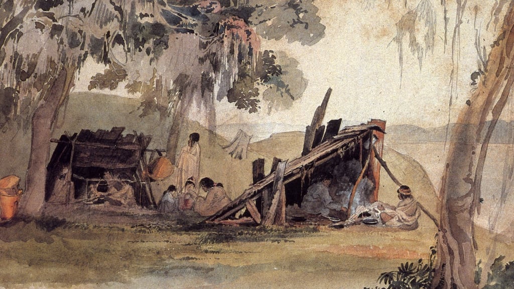 circa 1833: A Choctaw Indian encampment on the Mississippi River. Original Artwork: Painting by Karl Bodmer. (Photo by MPI/Getty Images)