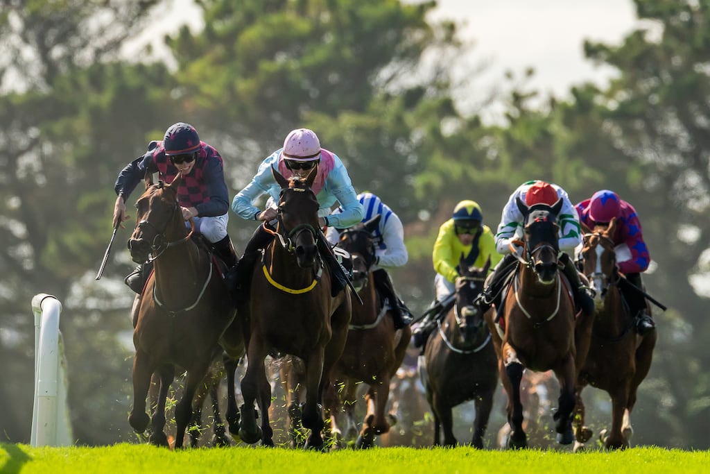 Donagh Meyler on Helvic Dream (right) had crossed the line first ahead of Jack Kennedy on Ndaawi in The Guinness Galway Hurdle Handicap (Grade C) only for the result to be reversed after a stewards inquiry. Photograph: Morgan Treacy/Inpho
