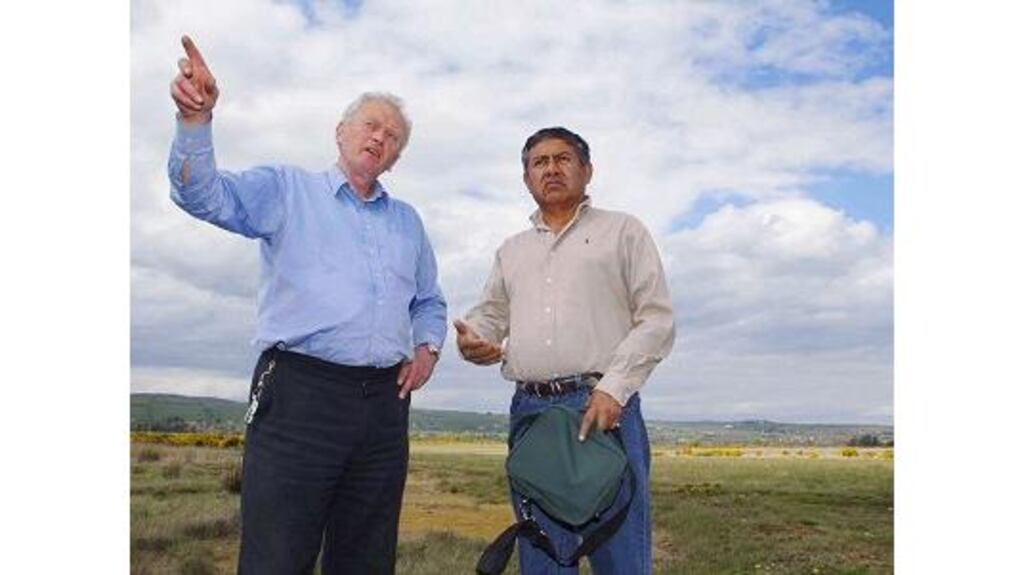 Mr Richard O?Brien (left), Gortmore action group committee member, with Mr Nilton Deza, an academic and community activist from South America, at Gortmore, Silvermines, Co Tipperary, yesterday.