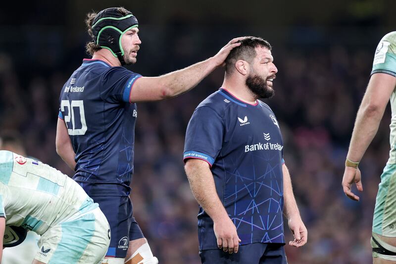 Leinster's Caelan Doris with Rabah Slimani who is newly restored to the French squad for the Six Nations five and a half years after winning the last of his 57 caps. Photograph: Laszlo Geczo/Inpho