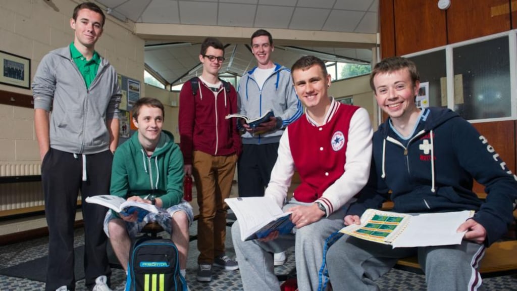 Kieran Sheahan, Stephen Lyons, Gavin Crean, Eoin O’Connell, Daniel Leahy and Karl Horgan in Douglas Community School, Cork, after sitting the Leaving Cert maths paper. Photograph: Daragh McSweeney/Provision