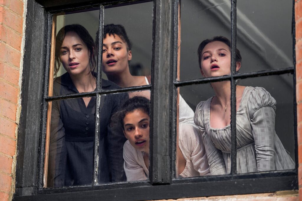 Dakota Johnson as Anne Elliot, Izuka Hoyle as Henrietta Musgrove, Nia Towle as Louisa Musgrove, Mia McKenna-Bruce as Mary Elliot in Persuasion. Photograph: Nick Wall/Netflix