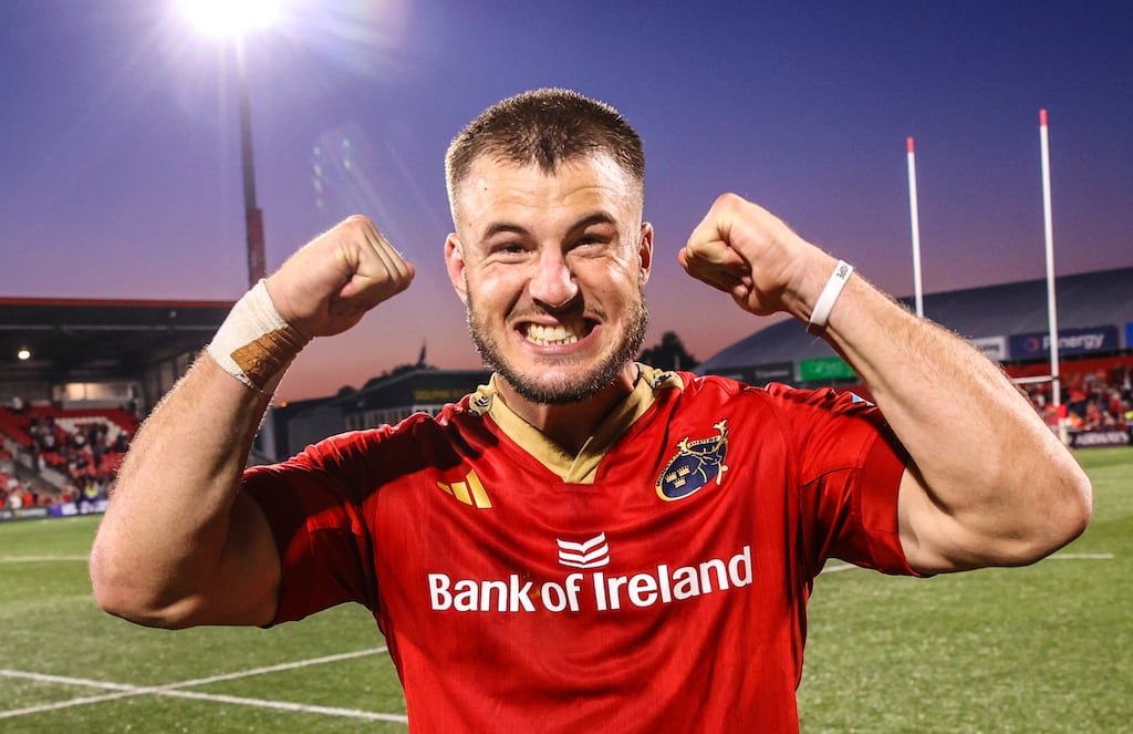 Alex Nankivell celebrates after Munster's URC win over Benetton in Cork earlier this month. Photograph: Ben Brady/Inpho