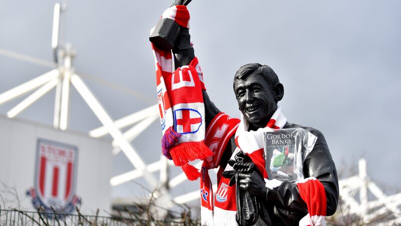 Tributes have been laid in memory of former Stoke City and England goalkeeping legend Gordon Banks outside the club’s stadium on Tuesday. Photograph: Nathan Stirk/Getty Images