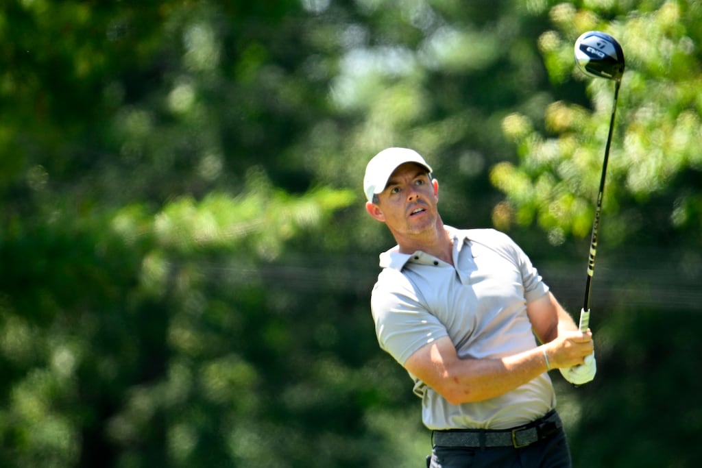 Rory McIlroy drives from the seventh tee during the first round of the Travelers Championship at TPC River Highlands in Cromwell, Connecticut. Photograph: Alex Goodlett/Getty Images