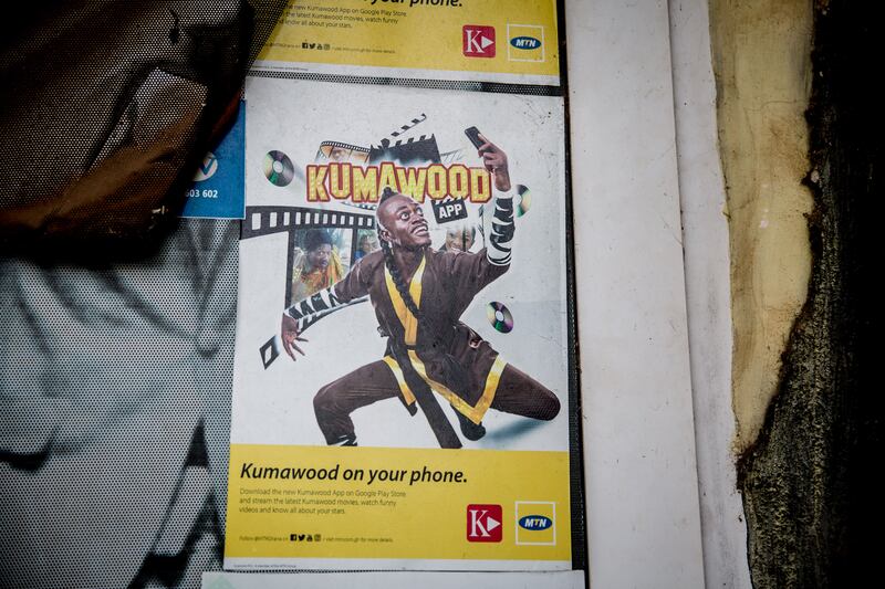 An advertisement for a Kumawood App, where people can watch Kumawood movies. The industry is making the transition from DVDs to streaming. Photograph: Sally Hayden