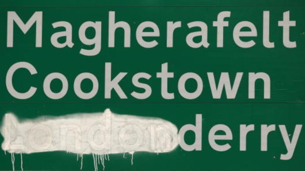 A road sign on the A6 in Northern Ireland where the ‘London’ of ‘Londonderry’ marked out. Derry City and Strabane District Council has voted in favour of changing the official name of Londonderry to Derry. Photograph: Getty Images