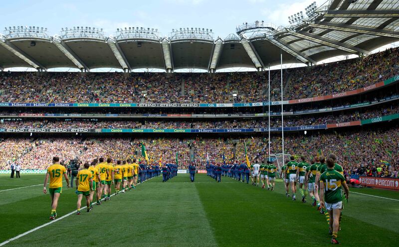 Donegal and Kerry players parade before the 2014 All-Ireland final. Photograph: Morgan Treacy/Inpho