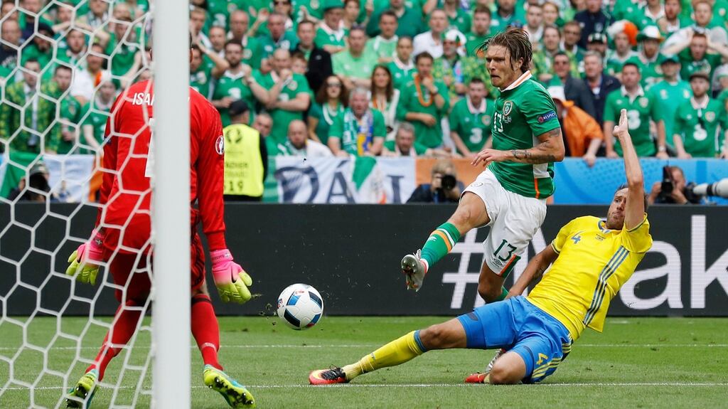 Jeff Hendrick has a shot saved during the Group E Euro 2016 match against Sweden at Stade de France. Photograph: Darren Staples/Reuters.