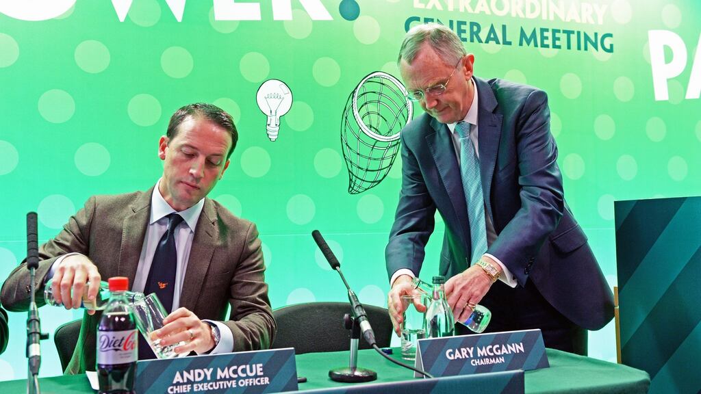 Andy McCue (left), chief executive, and Gary McGann, chairman, at the Paddy Power egm in Dublin on Monday. Photograph: Eric Luke