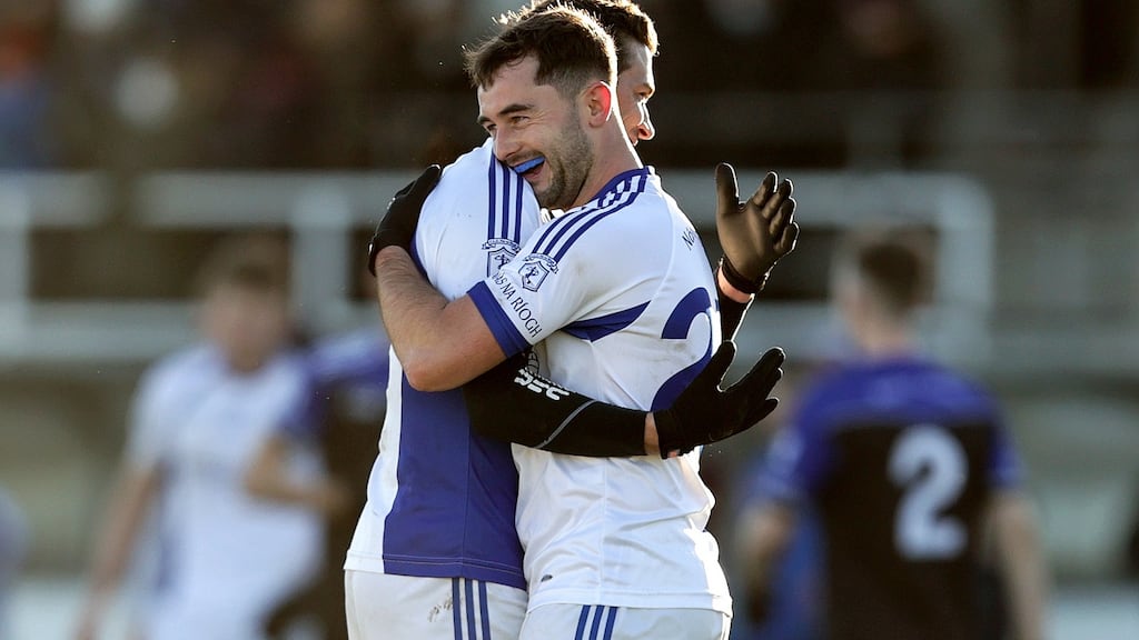 Naas’ Barry Murphy celebrates after the game with Eamonn Callaghan. Photograph: Laszlo Geczo/Inpho