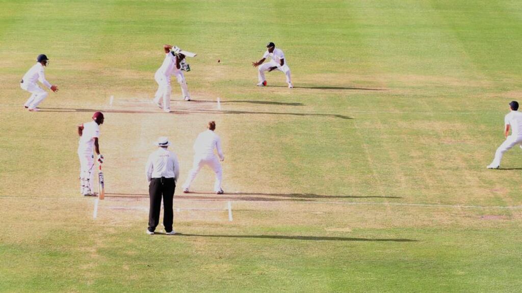 Chris Jordan took a stunning one handed catch at slip to remove Darren Bravo late on in the fourth day of the first test in Antigua. Photograph: Reuters