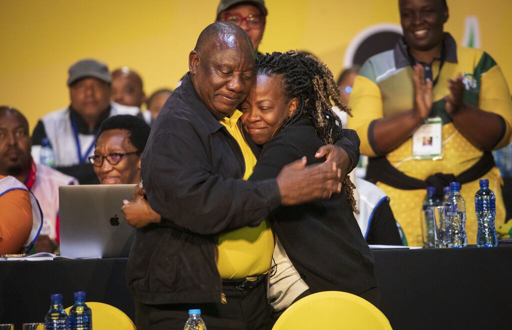 South African and ANC president Cyril Ramaphosa celebrates with deputy secretary-general Maropene Ramokgopa during the ANC national conference in Johannesburg, South Africa. Photograph: Kim Ludbrook/EPA