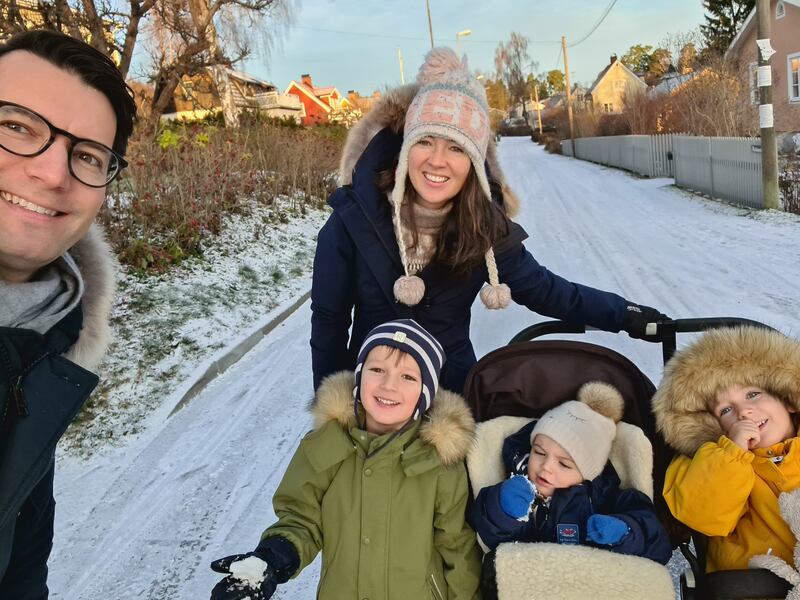Grace O'Malley, her husband Philip Konopik and their children, Oscar, Leila and Elsa Konopik, on the morning walk to school in Stockholm in the snow.