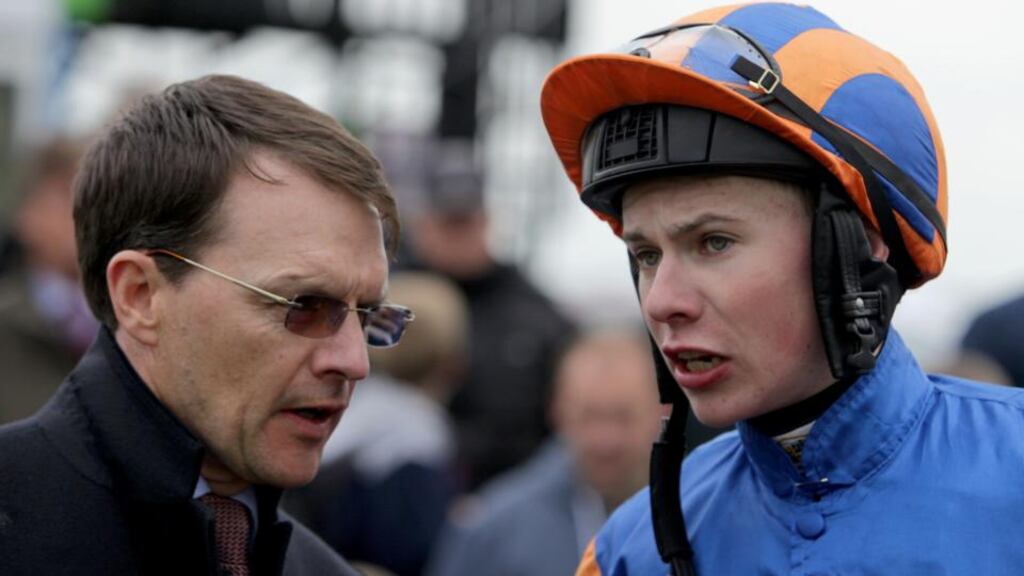 Trainer Adian O’Brien and his son Joseph after Magician’s victory in yesterday’s Mooresbridge Stakes at the Curragh.