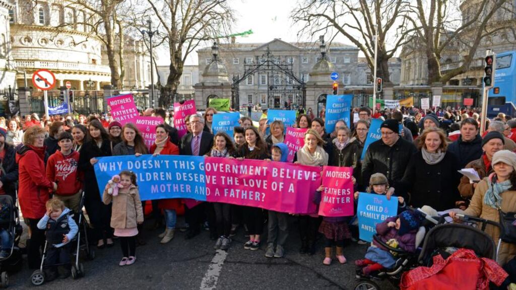 The group Mothers and Fathers Matter gather outside Leinster House to mark the presentation of The Children and Family Relationships Bill. Photograph: Eric Luke/The Irish Times.
