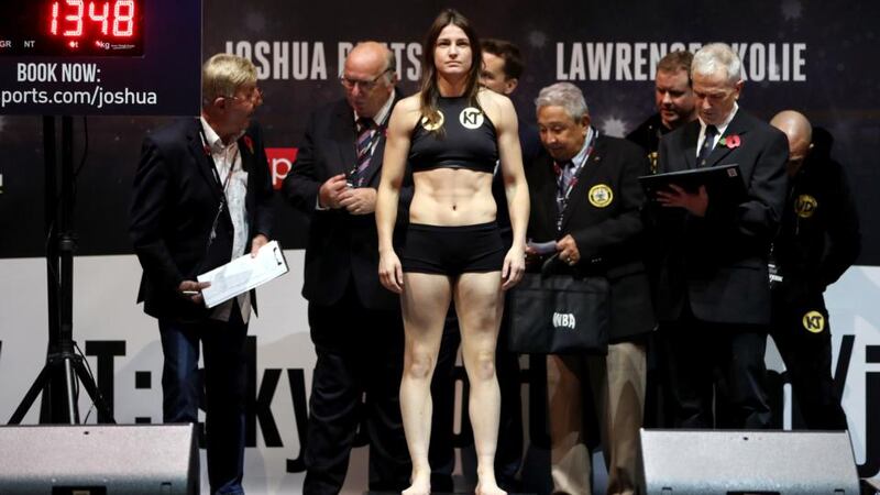 Katie Taylor weighed in at 9st 8lb, one pound under the limit for the fight. Photograph: Lawrence Lustig/Inpho