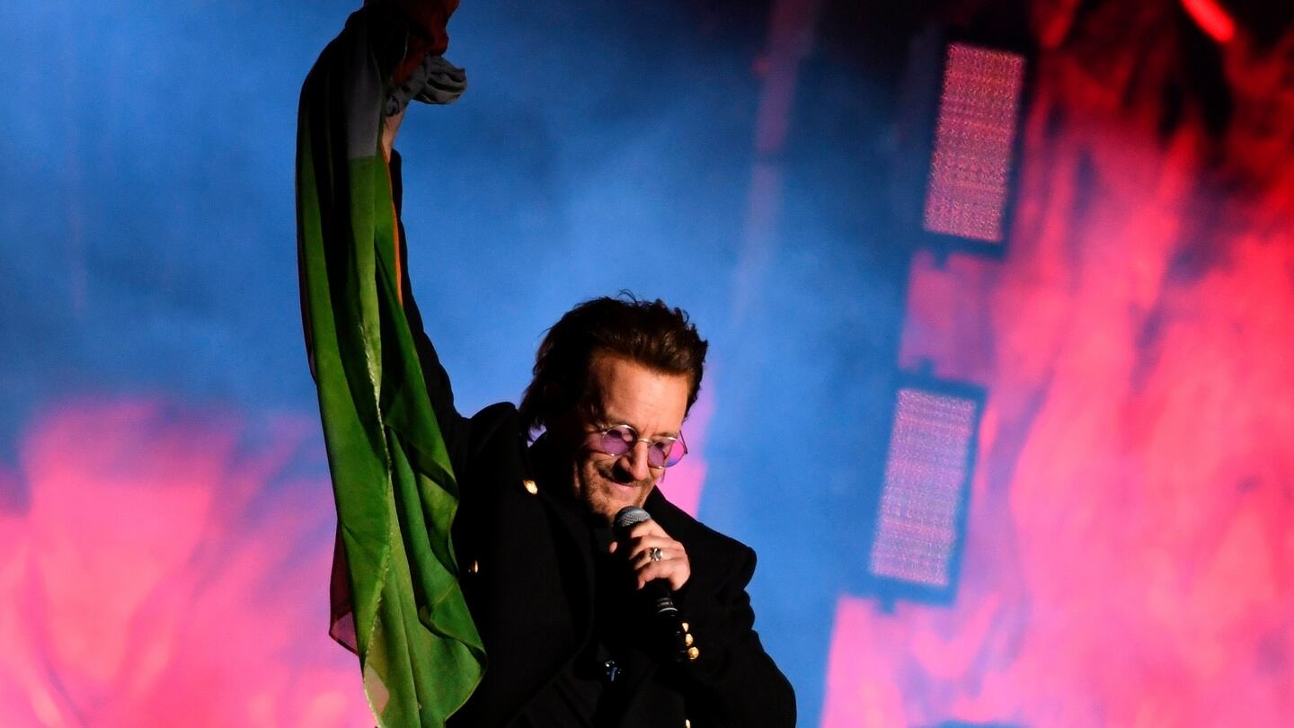 Bono performs with  U2  in Trafalgar Square in central London tonight during the MTV Presents Trafalgar Square show ahead of the MTV Europe Music Awards tomorrow night. Photograph: Chris J Ratcliffe/AFP/Getty Images