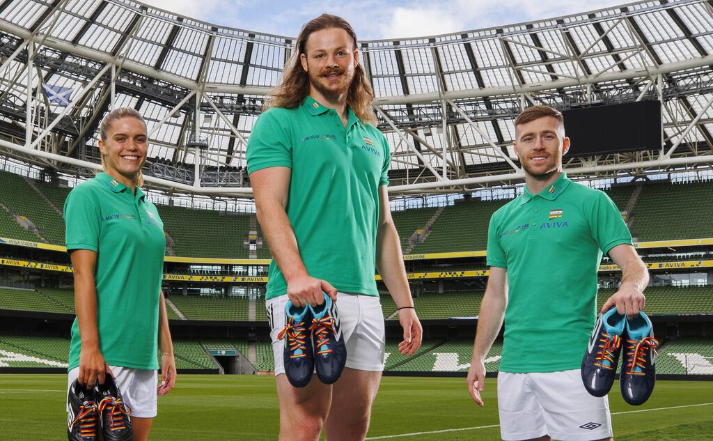 Republic of Ireland footballer Jamie Finn, Leinster Rugby player Jack Dunne and Republic of Ireland footballer Jack Byrne at the launch of Aviva Ireland's Lace Up with Pride campaign on Thursday. Photograph: James Crombie/Inpho