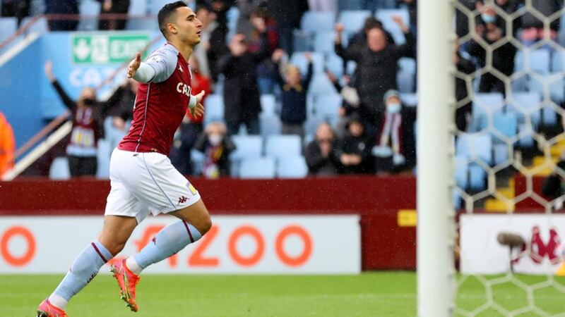 Anwar El Ghazi celebrates after scoring Aston Villa’s second against Chelsea. Photograph: Richard Heathcote/EPA