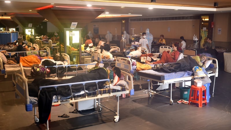 Patients receive treatment inside a Covid-19 care centre and isolation ward facility near a hospital in New Delhi. Photograph: Idrees Mohammed/EPA