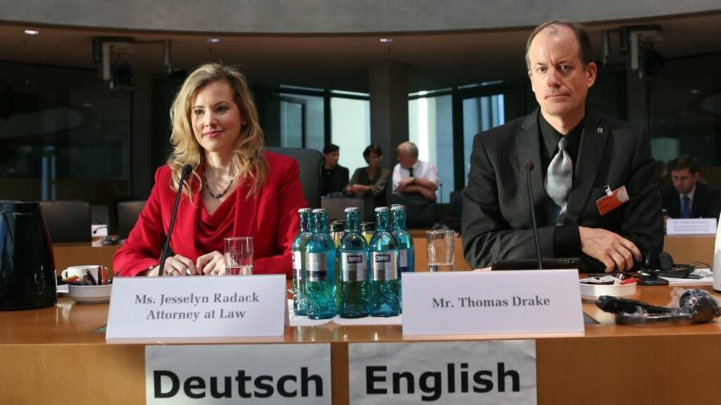 Jesselyn Radack, former US Justice Department ethics attorney turned whistleblower and Thomas Drake, former senior executive of the NSA turned whistleblower testifying at the Bundestag commission investigating the role of the NSA in Germany on Friday in Berlin. Photograph: Adam Berry/Getty Images