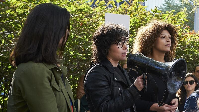 Meredith Whittaker, with megaphone, who helped organise the Google employee walkout, during the protest against the company’s handling of sexual harassment in New York, in November 2018. Photograph: John Taggart/The New York Times