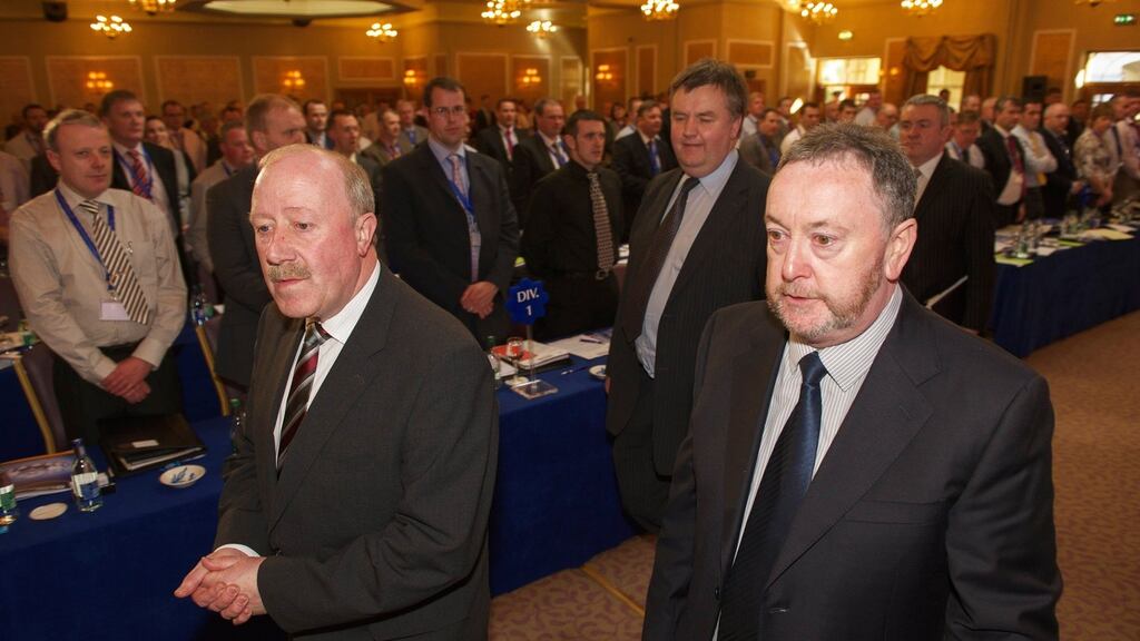 The Garda Commissioner Martin Callinan, arriving at the Garda Representatives Association annual Conference in Westport, Co. Mayo yesterday with GRA General Secretary PJ Stone. Photograph: Keith Heneghan / Phocus.
