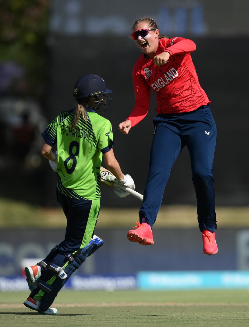 Sophie Ecclestone celebrates dismissing Eimear Richardson. Photograph: Mike Hewitt/Getty Images