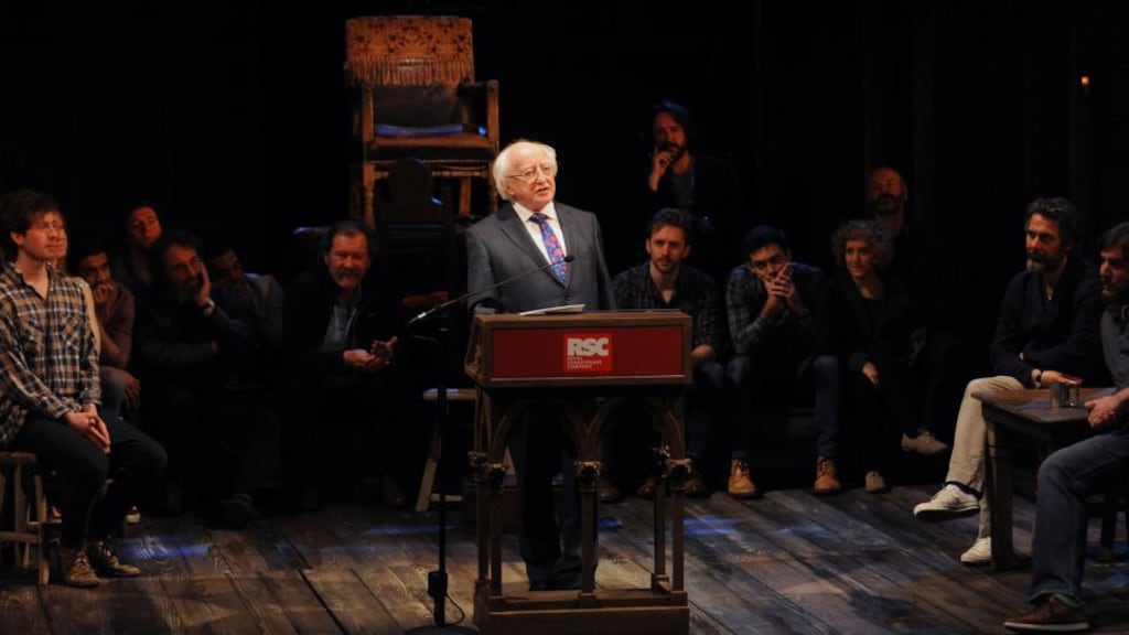 Michael D Higgins gives a speech on stage in front of the cast of Henry IV, Part 1 at the Royal Shakespeare Company in Statford-upon-Avon, during the first State visit to the UK by an Irish President. Photograph: Joe Giddens/PA Wire