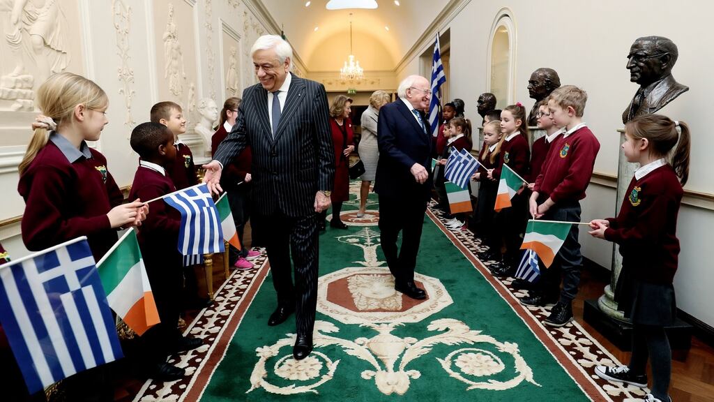 President of Greece Prokopios Pavlopoulos with President Michael D Higgins at Áras an Uachtaráin. Photograph: Maxwell