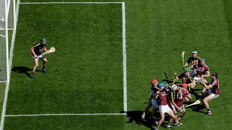 Kilkenny and Galway players battle for possession. Photo: Stephen McCarthy/Sportsfile via Getty Images