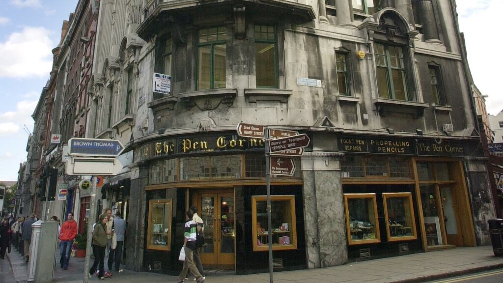 The Pen Corner building on the corner of College Green and Trinity Street in Dublin. Photograph: Bryan O’Brien