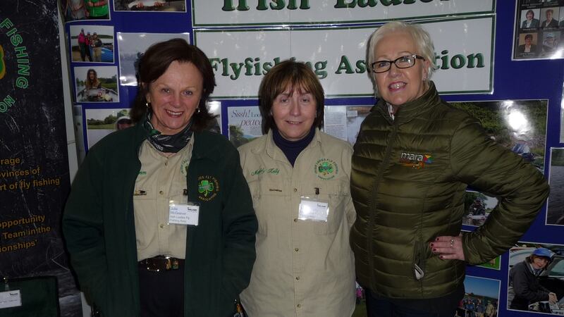 At the Irish Ladies Fly Fishing Association stand at the Angling Expo in Swords, from left: Julie McKeever and Madeleine Kelly, with Grace McDermott of Mara Media