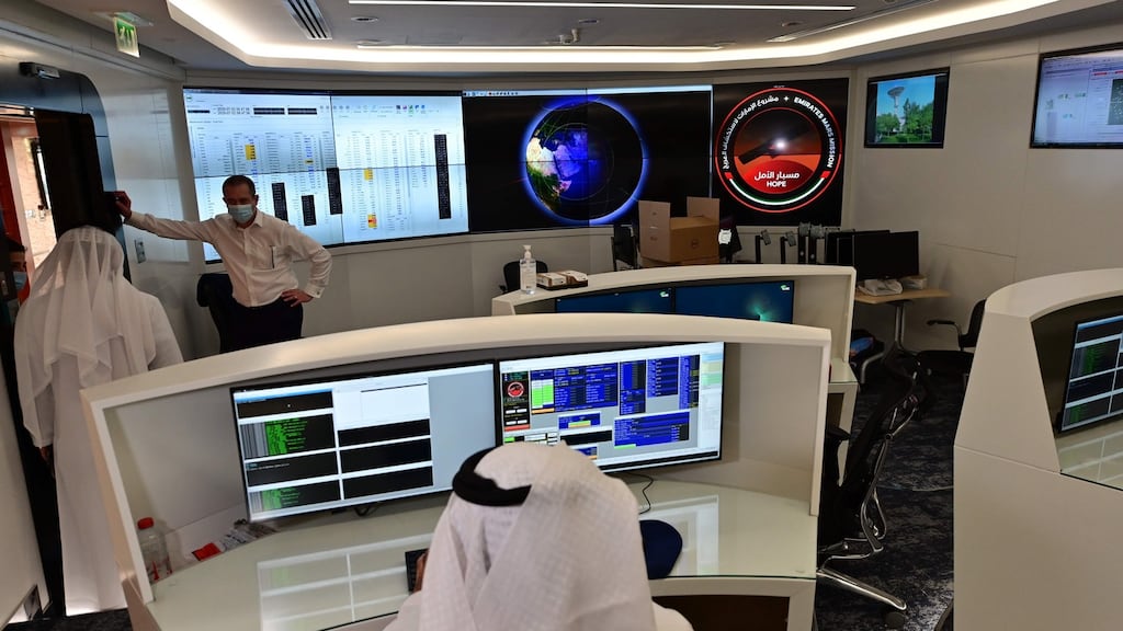 The control room of the Mars mission at the Mohamed bin Rashid Space Centre, in the Gulf city of Dubai. Photograph: Giuseppe Cacace/AFP via Getty