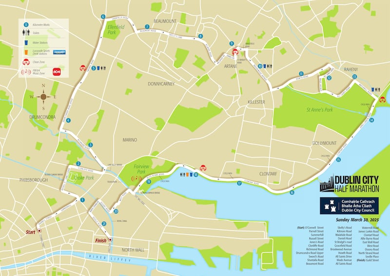 The confirmed route for the 2025 Dublin City Half Marathon.