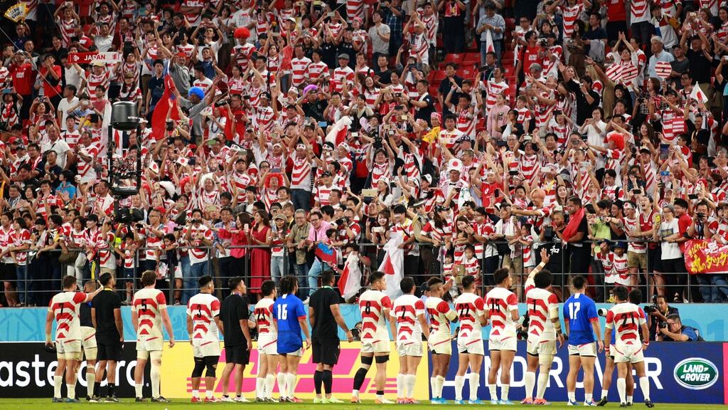 Fans show their appreciation to Japan’s players following the victory over Samoa at City of Toyota Stadium in Toyota, Aichi, Japan. Photograph: Adam Pretty/Getty Images