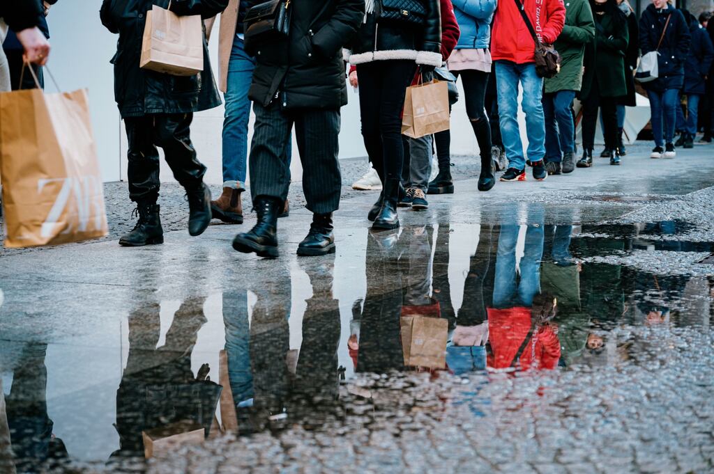 Shoppers and pedestrians in Berlin. The decline of the German economy in 2023 compounds what has been a gloomy start to the year for the country. Photograph: Jacobia Dahm/Bloomberg