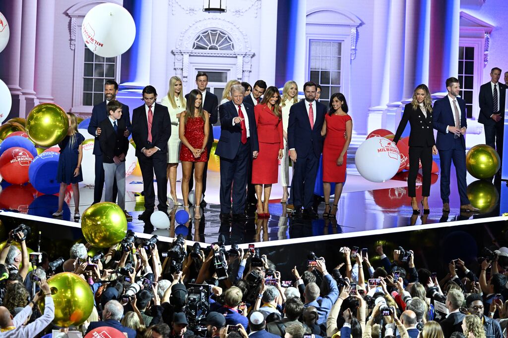 Former US president Donald Trump the Republican presidential nominee, points into the crowd as he stands with Melania Trump; Sen. JD Vance, the Republican vice presidential nominee; and Vance’s wife, Usha, on stage on the fourth and final night of the Republican National Convention. Photograph: The New York Times