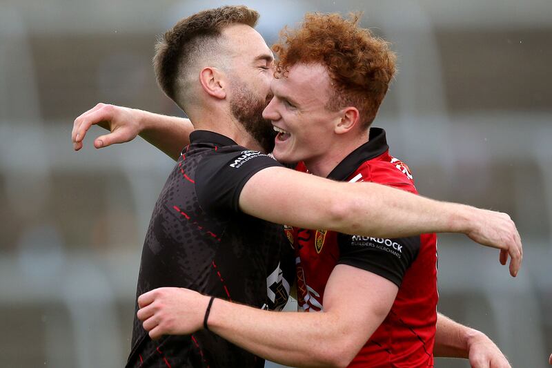 Down’s Niall Kane and Danny Magill celebrate. Photograph: Leah Scholes/Inpho