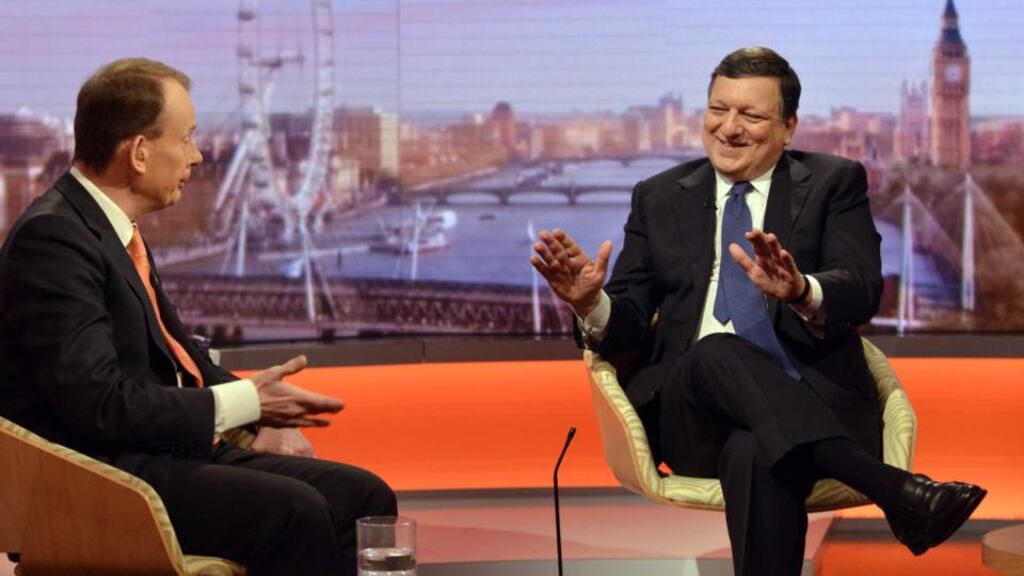 Handout photo issued by the BBC of Andrew Marr (left) and President of the European Commission Jose Manuel Barroso appearing on BBC1’s current affairs programme, The Andrew Marr Show today. Photograph: PA/BBC